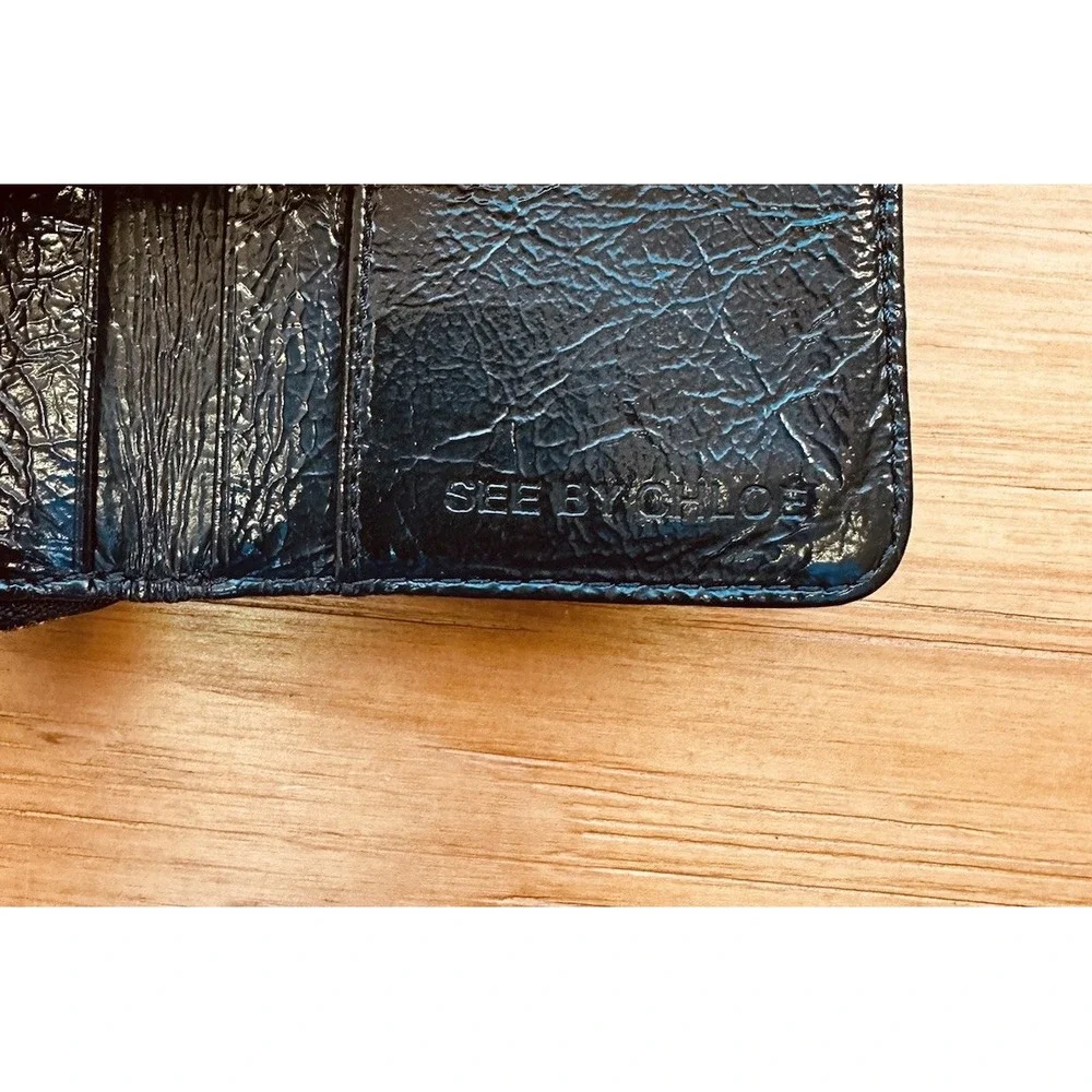 See By Chloe Black Leather  Zip Around Compact Wallet 6 Card Holder Snap Closure